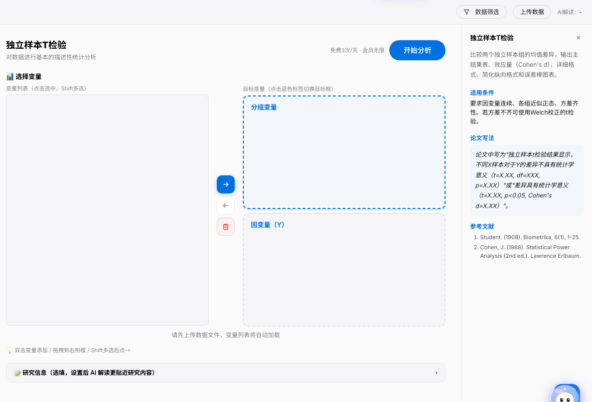 SPSSzero 独立样本 t 检验变量选择截图